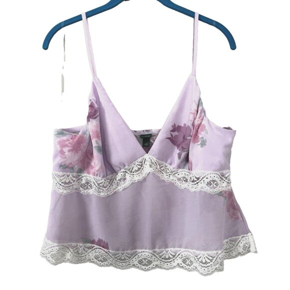 wild fable Tops - Fairycore Floral Lace‑Trim Babydoll Cami L Dreamy Whimsy Romantic Softcore Layer
